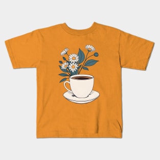 aesthetic cup of coffee withh blooming flowers Kids T-Shirt